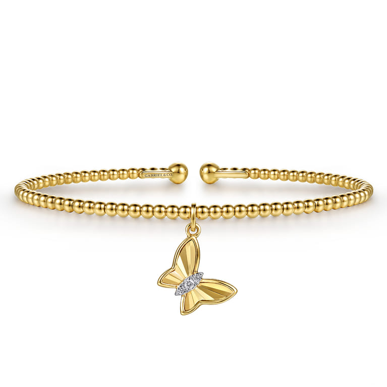 14K Yellow Gold Bujukan Beaded Diamond and Diamond Cut Butterfly Charm Cuff Bangle Bracelet - 0.03 ct - Shot 1