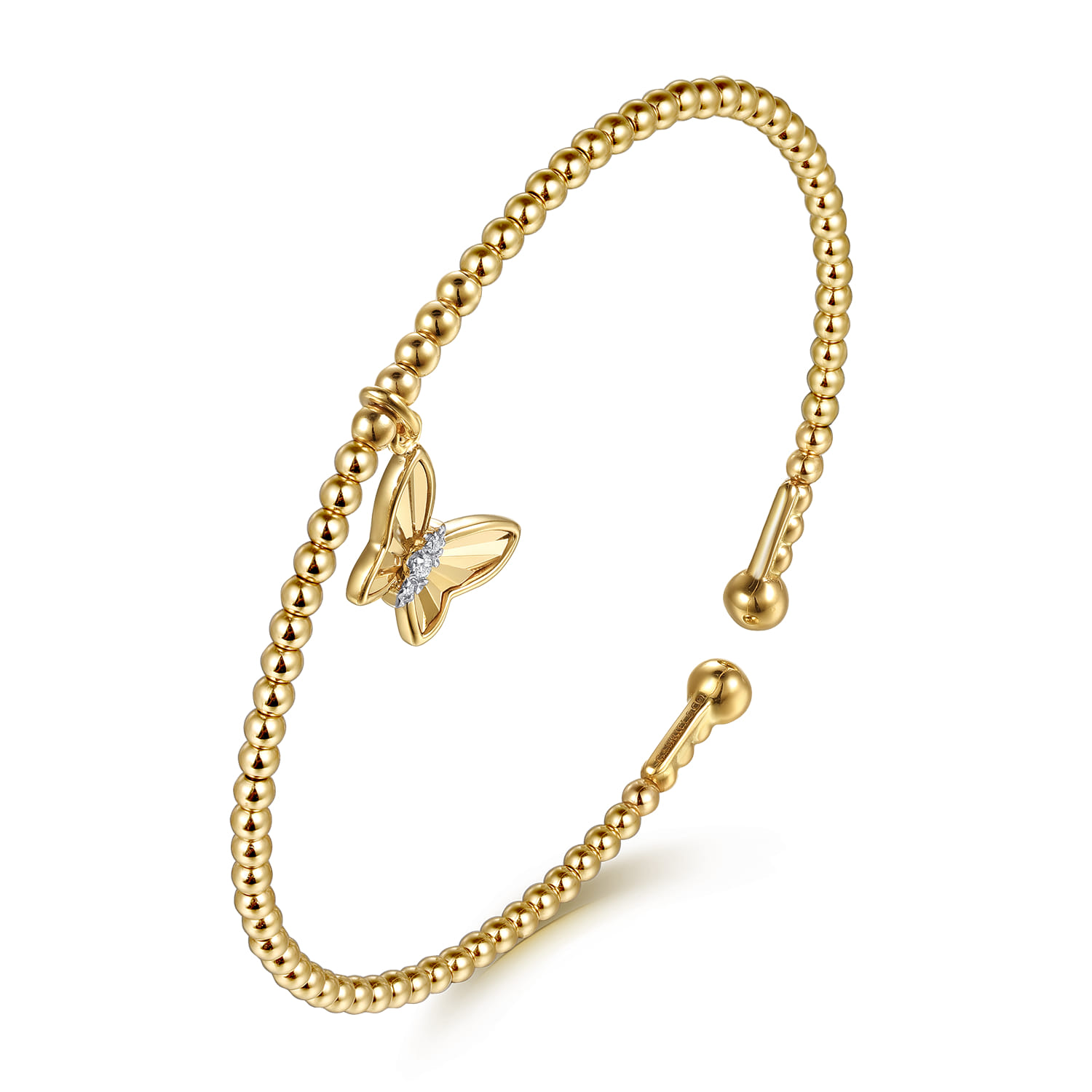 14K Yellow Gold Bujukan Beaded Diamond and Diamond Cut Butterfly Charm Cuff Bangle Bracelet - 0.03 ct - Shot 2