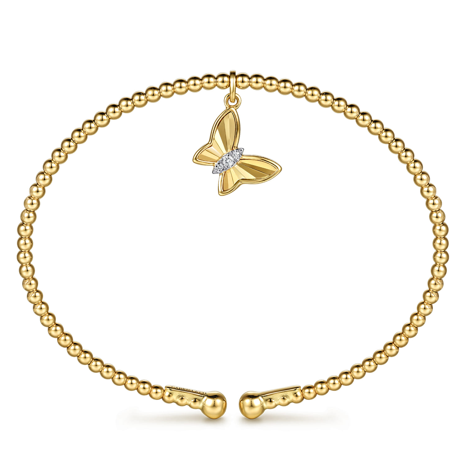 14K Yellow Gold Bujukan Beaded Diamond and Diamond Cut Butterfly Charm Cuff Bangle Bracelet - 0.03 ct - Shot 3