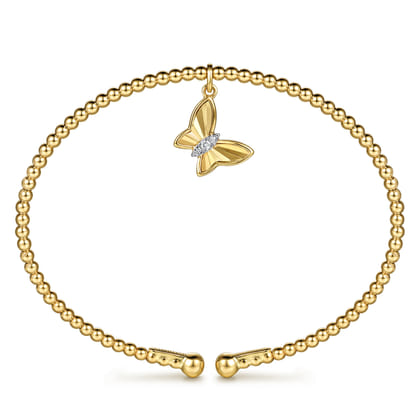 14K Yellow Gold Bujukan Beaded Diamond and Diamond Cut Butterfly Charm Cuff Bangle Bracelet