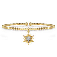 14K Yellow Gold Bujukan Beaded Diamond and Diamond Cut Starburst Charm Cuff Bangle Bracelet