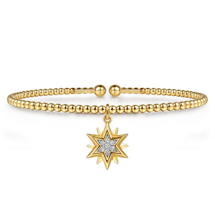 14K Yellow Gold Bujukan Beaded Diamond and Diamond Cut Starburst Charm Cuff Bangle Bracelet