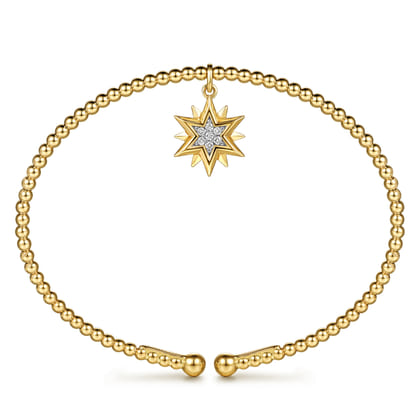 14K Yellow Gold Bujukan Beaded Diamond and Diamond Cut Starburst Charm Cuff Bangle Bracelet