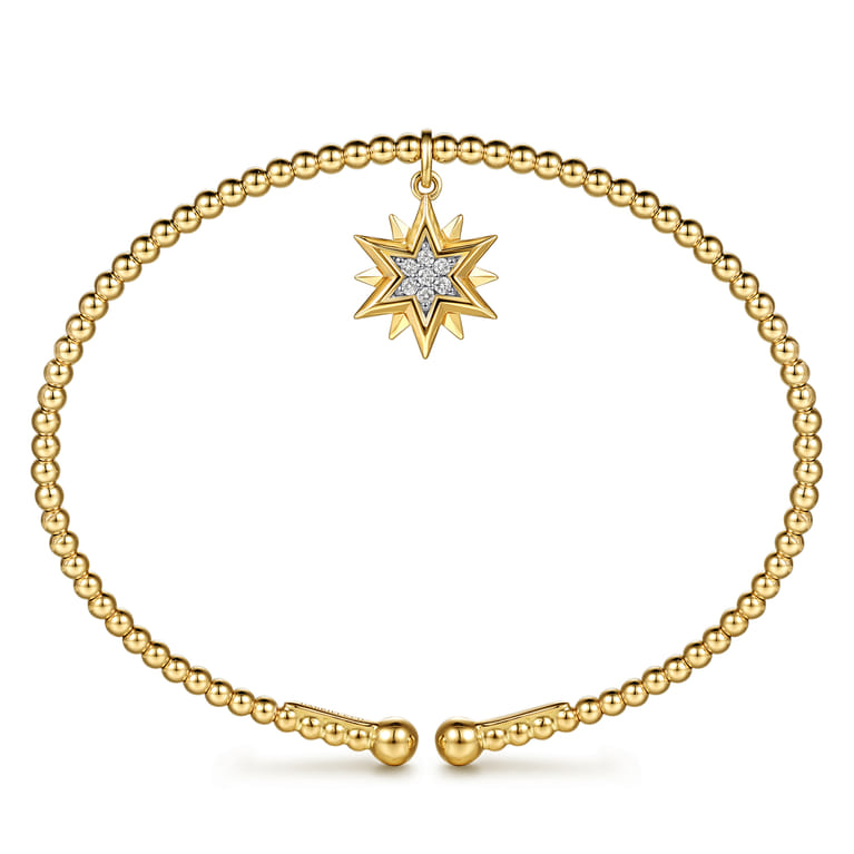 14K Yellow Gold Bujukan Beaded Diamond and Diamond Cut Starburst Charm Cuff Bangle Bracelet - 0.08 ct - Shot 3