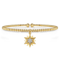 14K Yellow Gold Bujukan Beaded Diamond and Diamond Cut Starburst Charm Cuff Bangle Bracelet