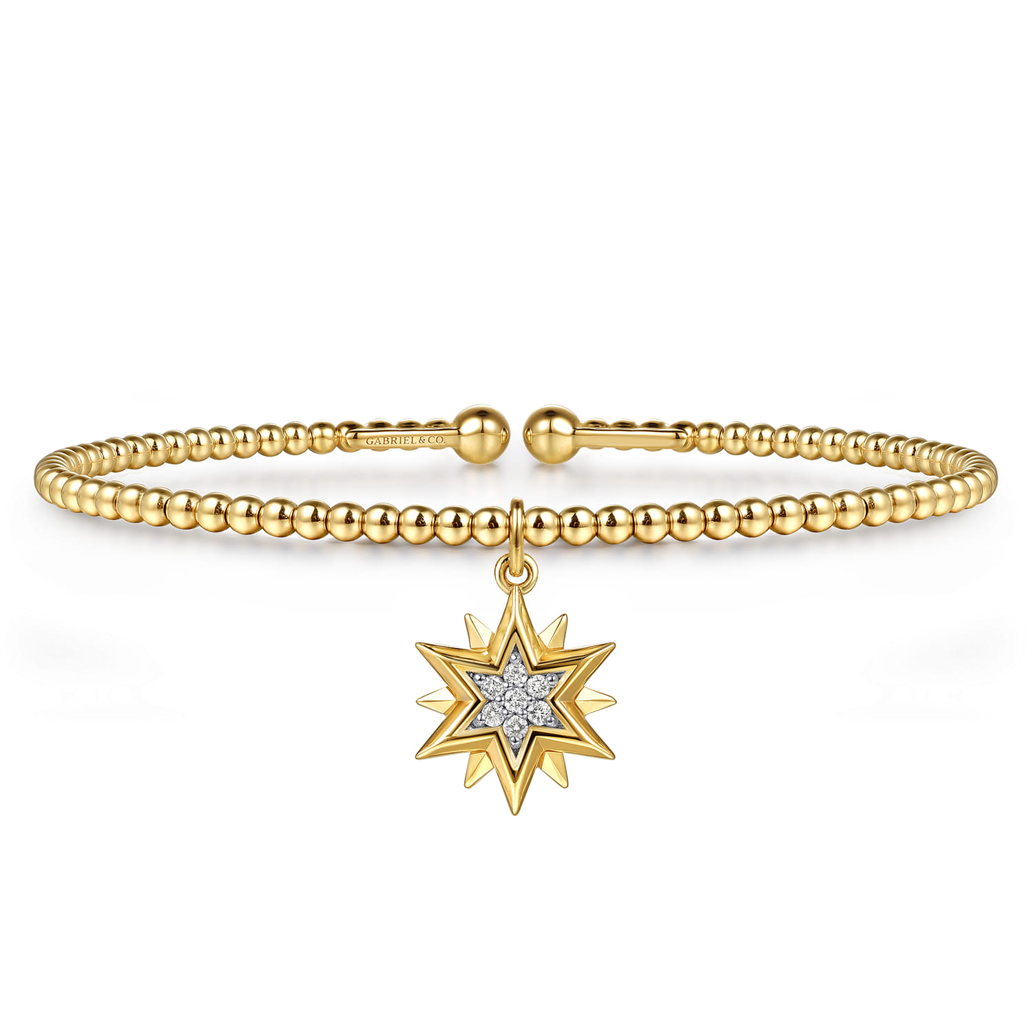 14K Yellow Gold Bujukan Beaded Diamond and Diamond Cut Starburst Cuff Bangle Bracelet - 0.08 ct - Shot 1