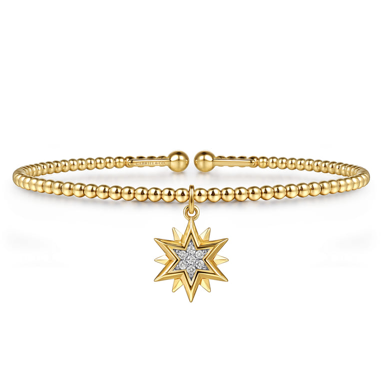14K Yellow Gold Bujukan Beaded Diamond and Diamond Cut Starburst Cuff Bangle Bracelet - 0.08 ct - Shot 1