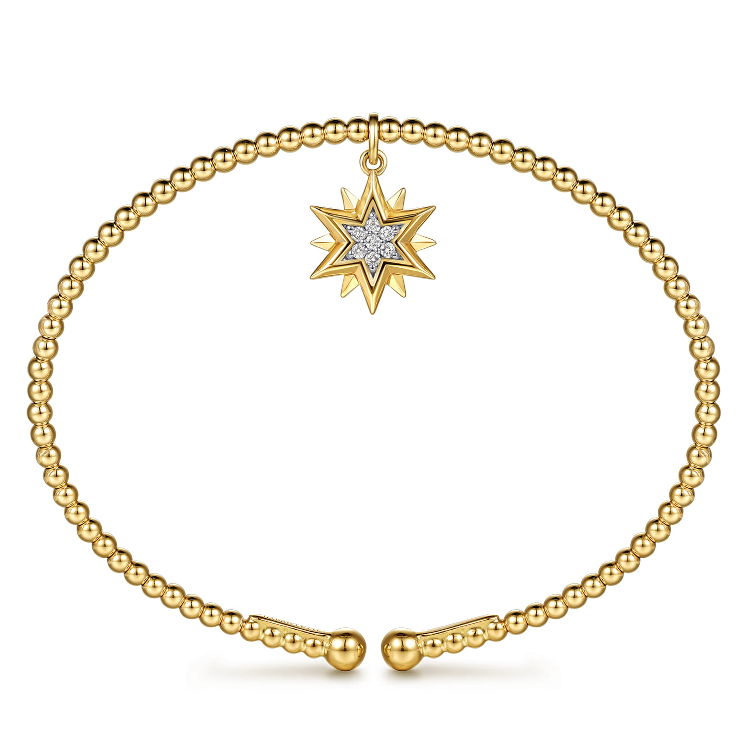 14K Yellow Gold Bujukan Beaded Diamond and Diamond Cut Starburst Cuff Bangle Bracelet - 0.08 ct - Shot 3