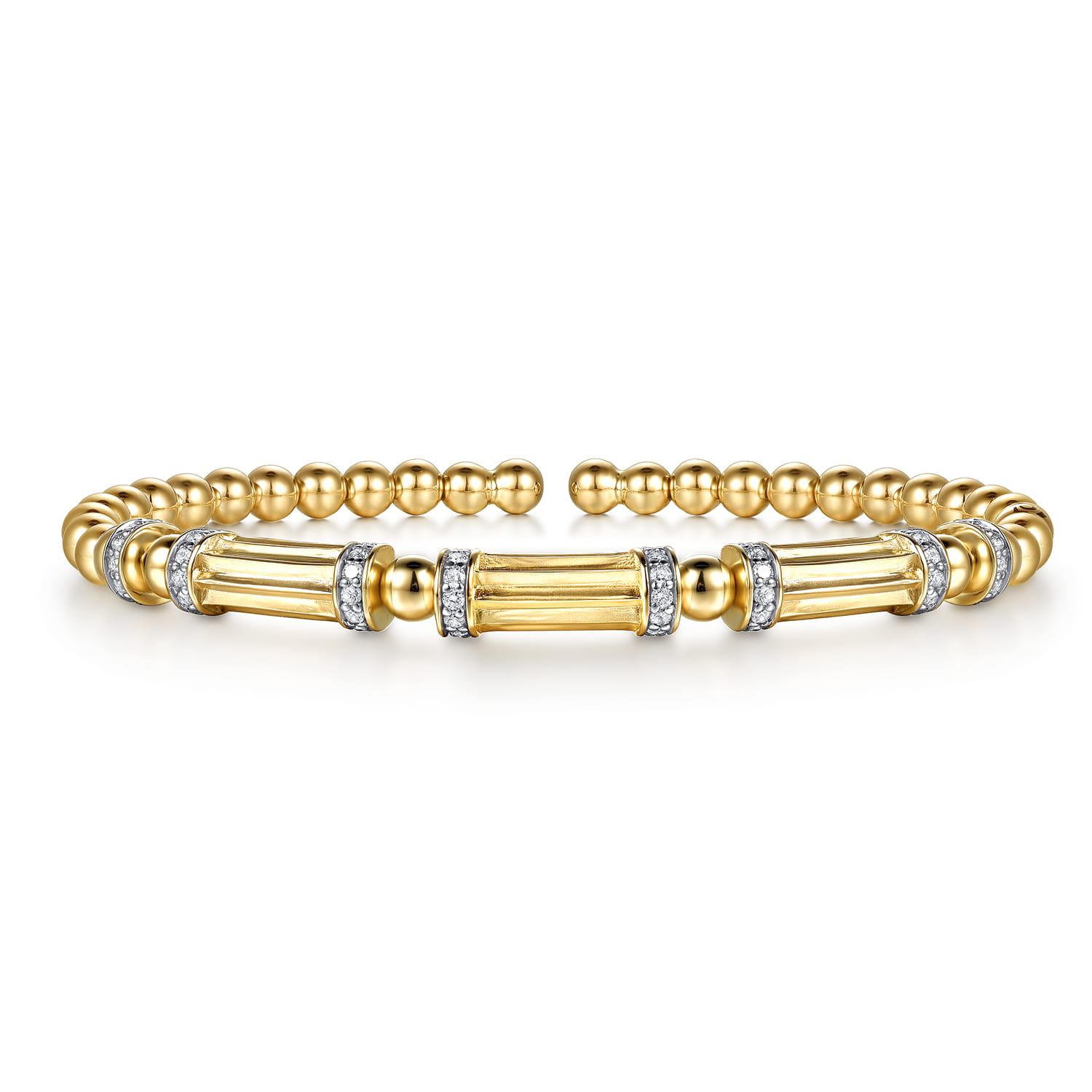 14K Yellow Gold Bujukan Beaded Diamond and Diamond Cut Station Cuff Bangle Bracelet - 0.5 ct - Shot 1
