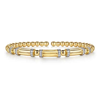 14K Yellow Gold Bujukan Beaded Diamond and Diamond Cut Station Cuff Bangle Bracelet