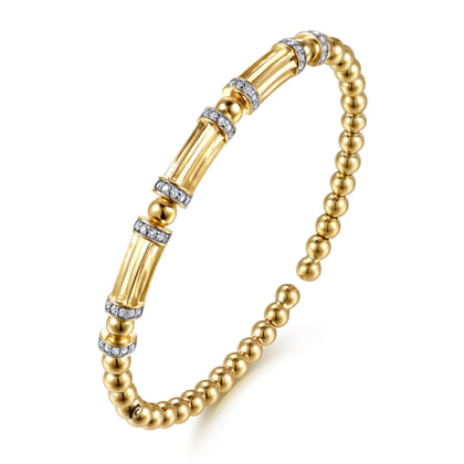 14K Yellow Gold Bujukan Beaded Diamond and Diamond Cut Station Cuff Bangle Bracelet
