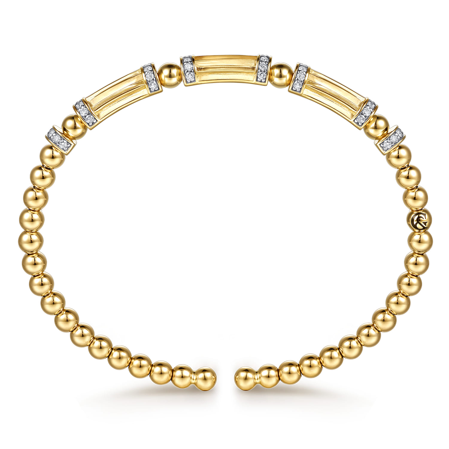 14K Yellow Gold Bujukan Beaded Diamond and Diamond Cut Station Cuff Bangle Bracelet - 0.5 ct - Shot 3