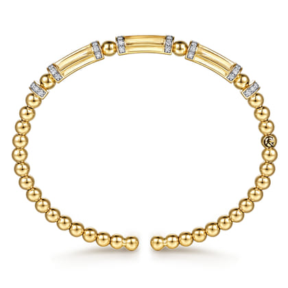 14K Yellow Gold Bujukan Beaded Diamond and Diamond Cut Station Cuff Bangle Bracelet