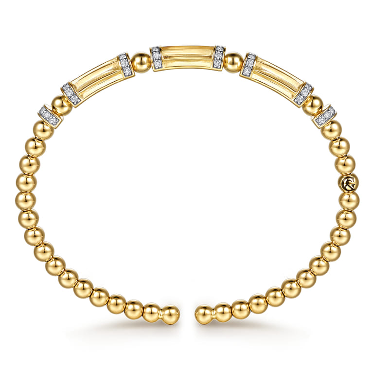 14K Yellow Gold Bujukan Beaded Diamond and Diamond Cut Station Cuff Bangle Bracelet - 0.5 ct - Shot 3