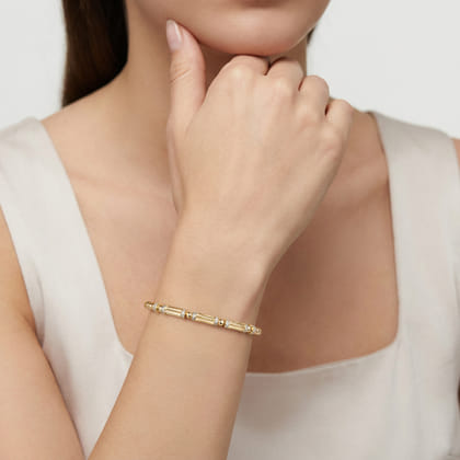 14K Yellow Gold Bujukan Beaded Diamond and Diamond Cut Station Cuff Bangle Bracelet