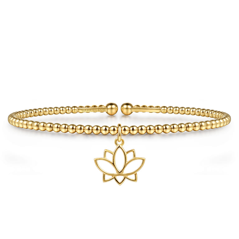 14K Yellow Gold Bujukan Beaded Flower Charm Cuff Bangle Bracelet - Shot 1