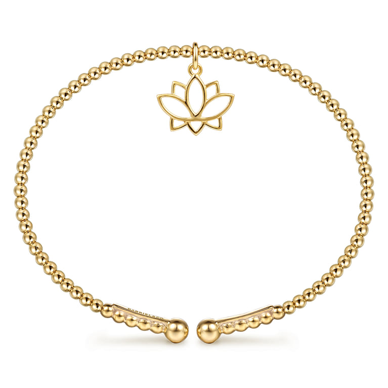 14K Yellow Gold Bujukan Beaded Flower Charm Cuff Bangle Bracelet - Shot 3