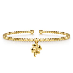 14K Yellow Gold Bujukan Beaded Four Leaf Clover Charm Cuff Bangle Bracelet