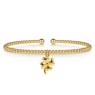 14K Yellow Gold Bujukan Beaded Four Leaf Clover Charm Cuff Bangle Bracelet