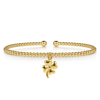 14K Yellow Gold Bujukan Beaded Four Leaf Clover Charm Cuff Bangle Bracelet