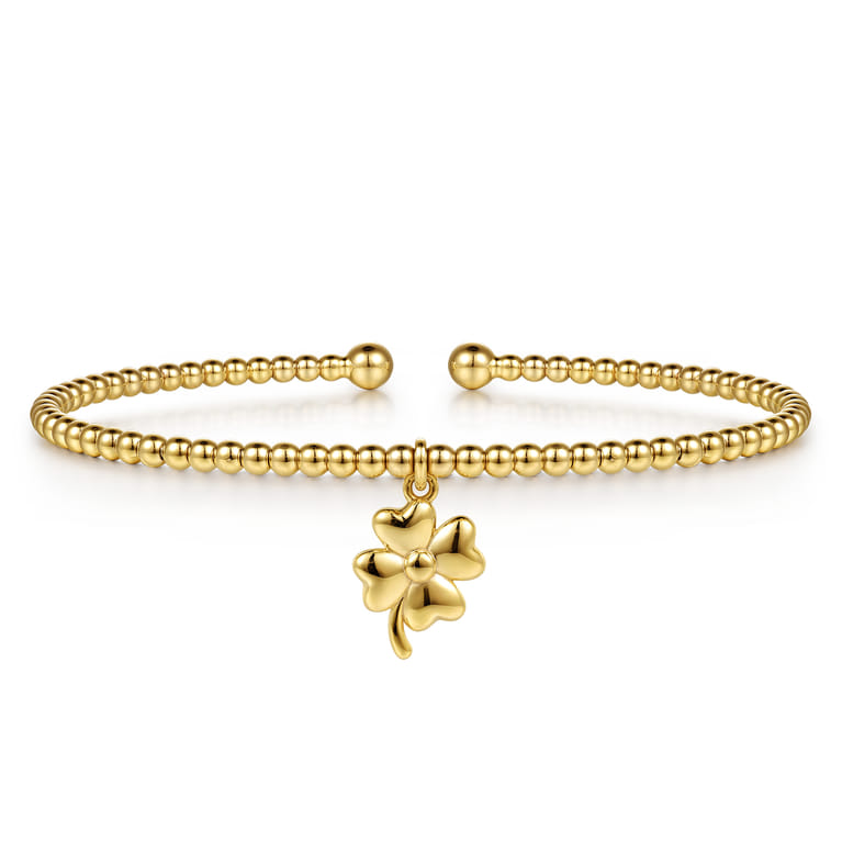 14K Yellow Gold Bujukan Beaded Four Leaf Clover Charm Cuff Bangle Bracelet - Shot 1