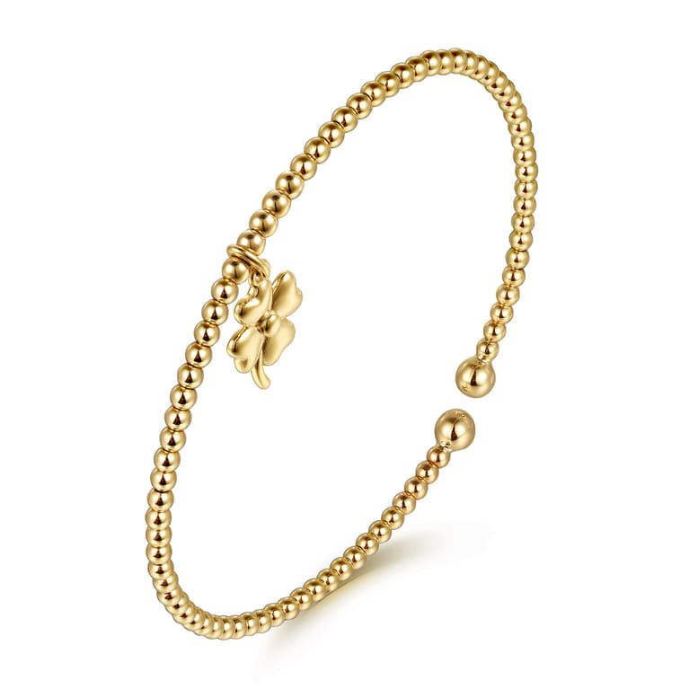 14K Yellow Gold Bujukan Beaded Four Leaf Clover Charm Cuff Bangle Bracelet - Shot 2