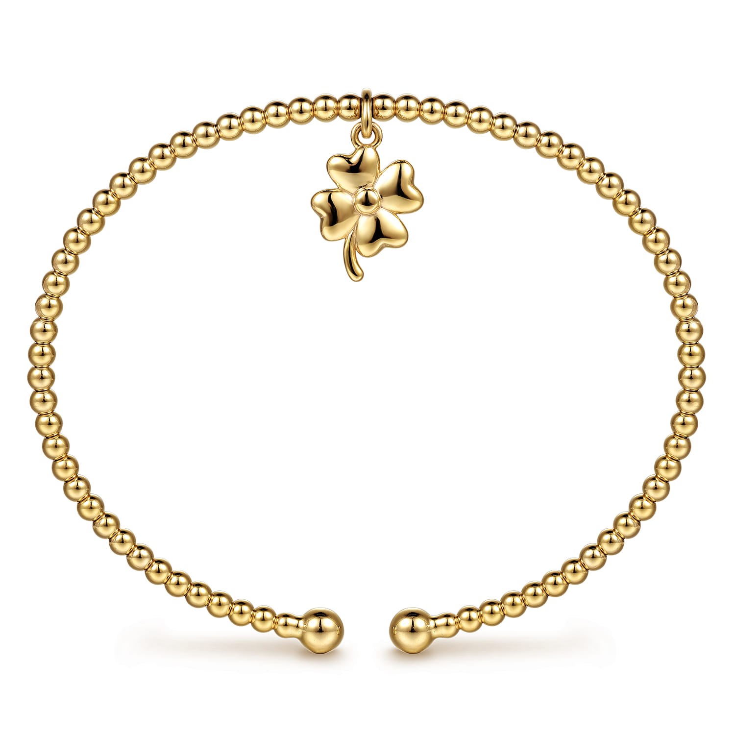 14K Yellow Gold Bujukan Beaded Four Leaf Clover Charm Cuff Bangle Bracelet - Shot 3