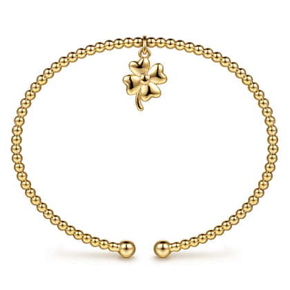 14K Yellow Gold Bujukan Beaded Four Leaf Clover Charm Cuff Bangle Bracelet
