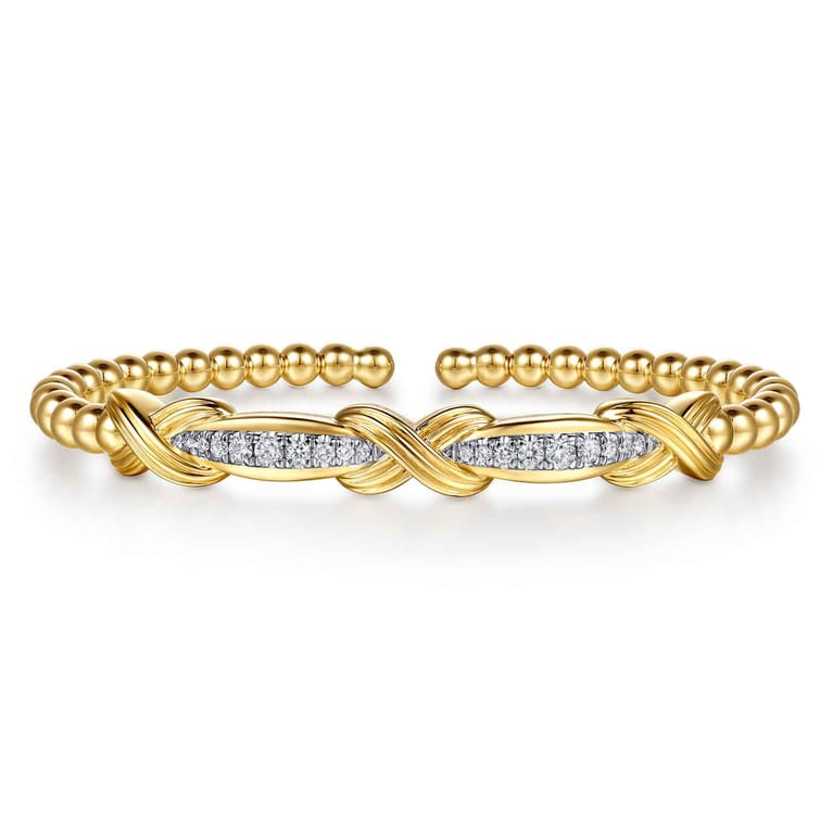 14K Yellow Gold Bujukan Beaded Graduating Diamond Criss Cross Cuff Bangle Bracelet - 0.35 ct - Shot 1