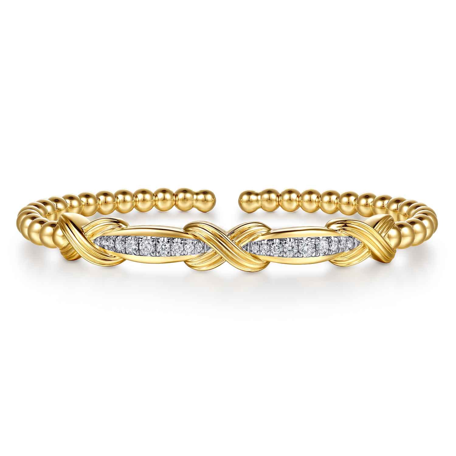 14K Yellow Gold Bujukan Beaded Graduating Diamond Criss Cross Cuff Bangle Bracelet - 0.35 ct - Shot 1