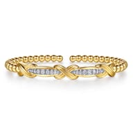 14K Yellow Gold Bujukan Beaded Graduating Diamond Criss Cross Cuff Bangle Bracelet