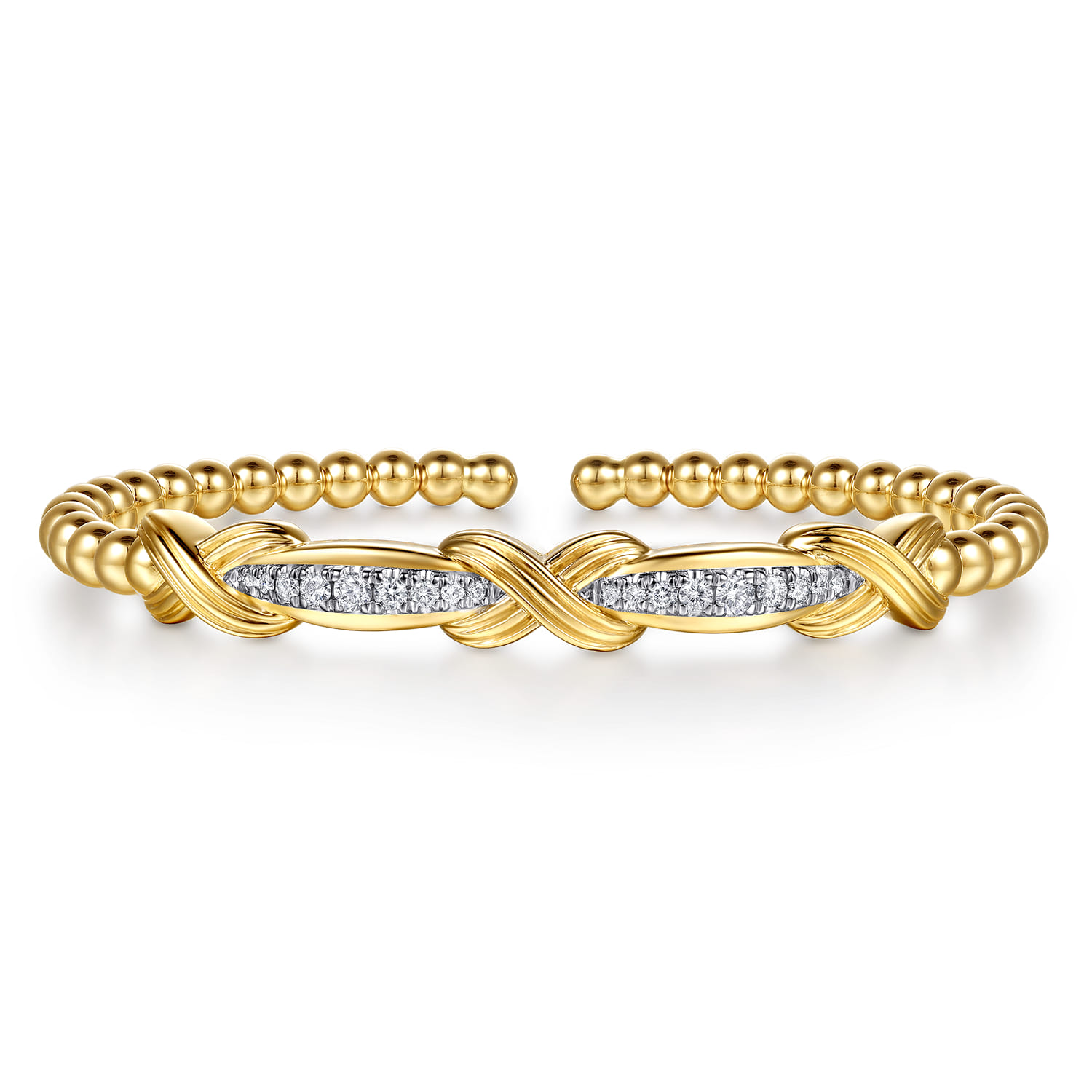 14K Yellow Gold Bujukan Beaded Graduating Diamond X Station Cuff Bangle Bracelet - 0.35 ct - Shot 1