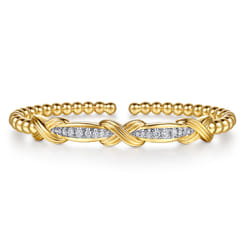 14K Yellow Gold Bujukan Beaded Graduating Diamond X Station Cuff Bangle Bracelet
