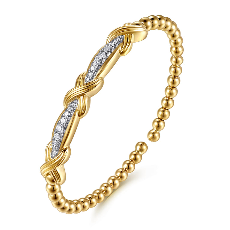 14K Yellow Gold Bujukan Beaded Graduating Diamond X Station Cuff Bangle Bracelet - 0.35 ct - Shot 2