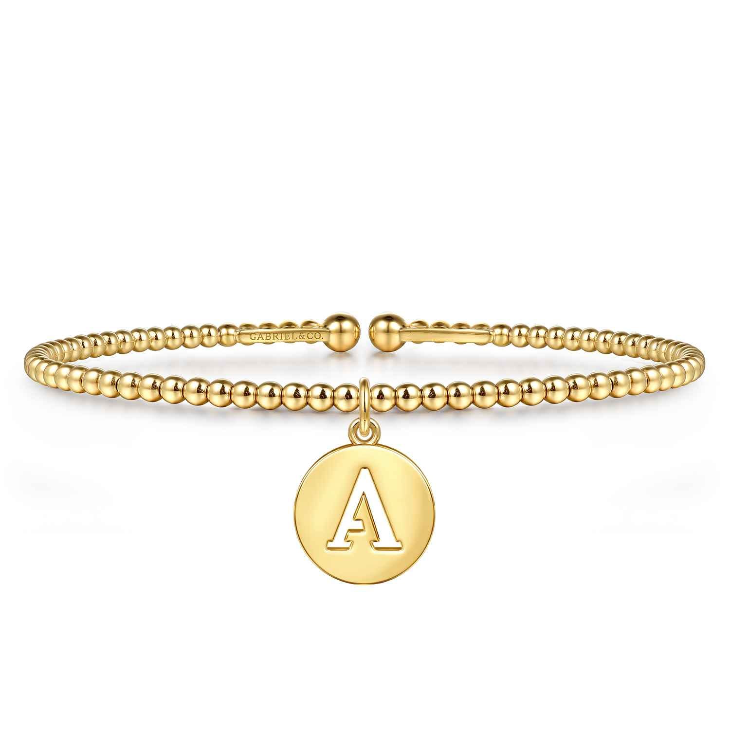 14K Yellow Gold Bujukan Beaded Initial A Cuff Bangle Bracelet - Shot 1
