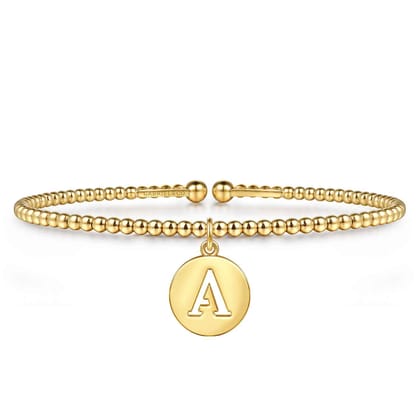 14K Yellow Gold Bujukan Beaded Initial A Cuff Bangle Bracelet