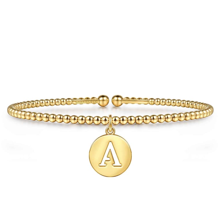 14K Yellow Gold Bujukan Beaded Initial A Cuff Bangle Bracelet - Shot 1