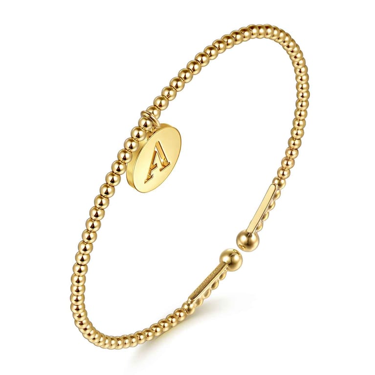 14K Yellow Gold Bujukan Beaded Initial A Cuff Bangle Bracelet - Shot 2