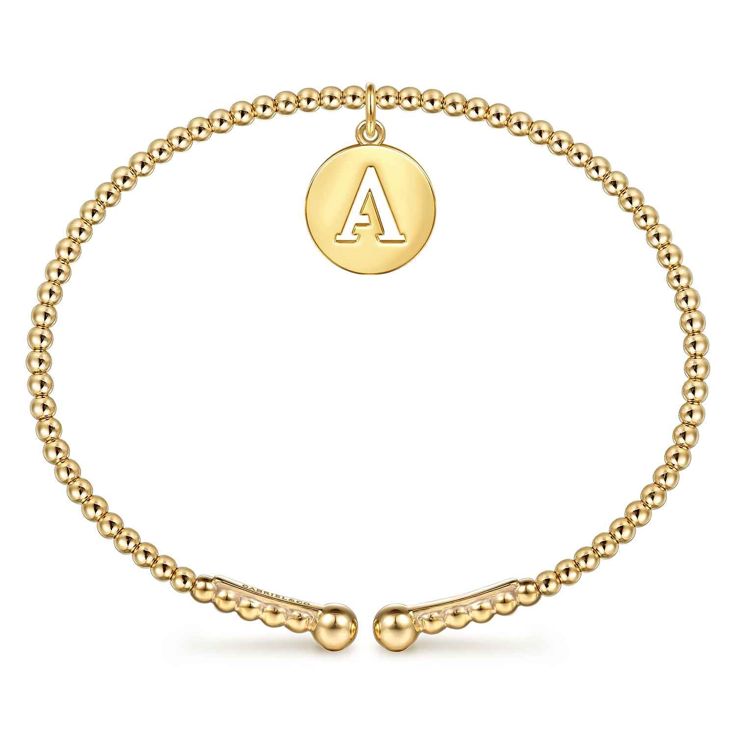 14K Yellow Gold Bujukan Beaded Initial A Cuff Bangle Bracelet - Shot 3