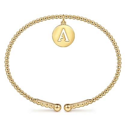 14K Yellow Gold Bujukan Beaded Initial A Cuff Bangle Bracelet