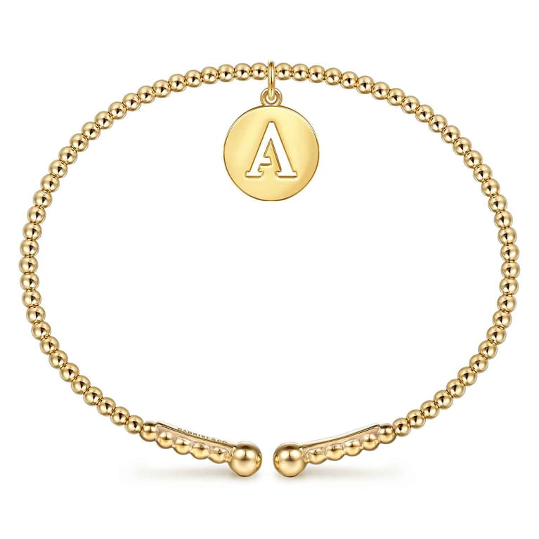 14K Yellow Gold Bujukan Beaded Initial A Cuff Bangle Bracelet - Shot 3