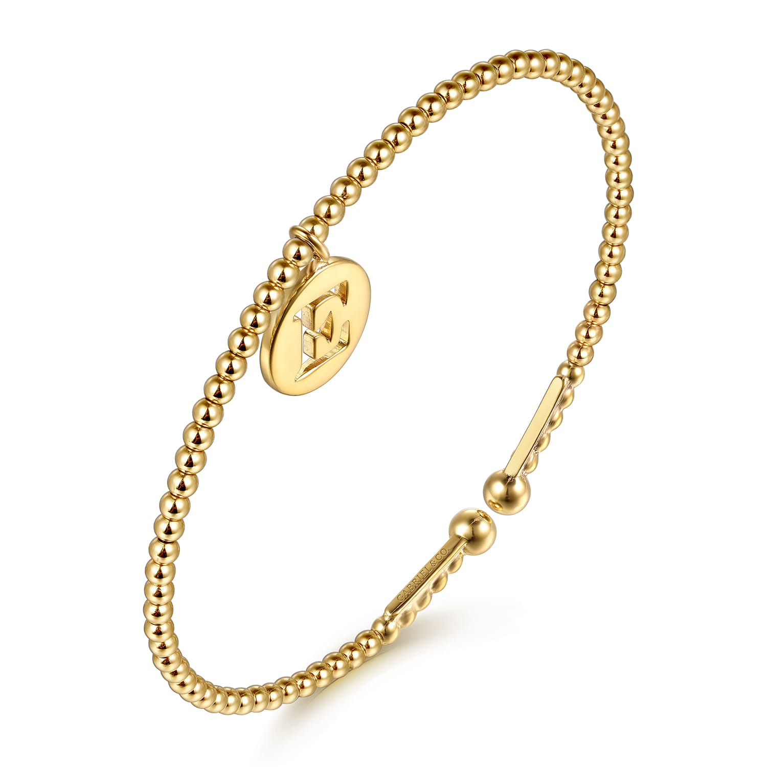 14K Yellow Gold Bujukan Beaded Initial E Charm Cuff Bangle Bracelet - Shot 2