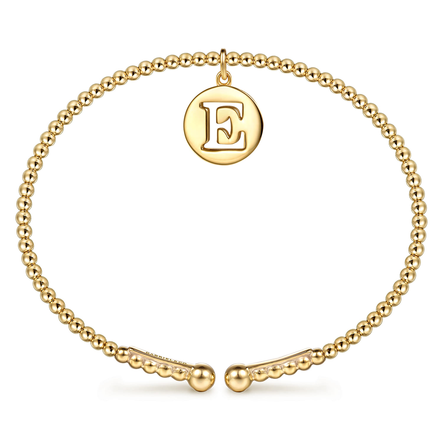 14K Yellow Gold Bujukan Beaded Initial E Charm Cuff Bangle Bracelet - Shot 3