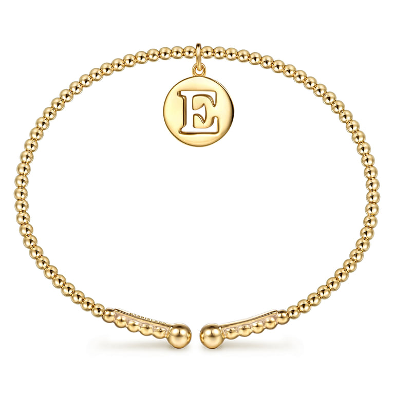 14K Yellow Gold Bujukan Beaded Initial E Charm Cuff Bangle Bracelet - Shot 3