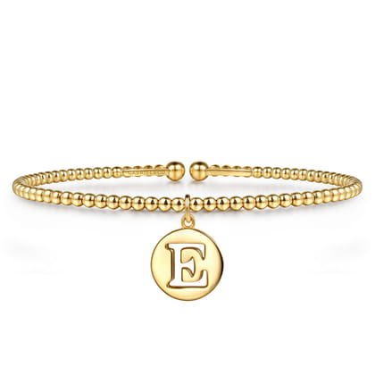14K Yellow Gold Bujukan Beaded Initial E Cuff Bangle Bracelet