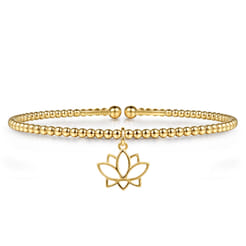 14K Yellow Gold Bujukan Beaded Lotus Flower Charm Cuff Bangle Bracelet