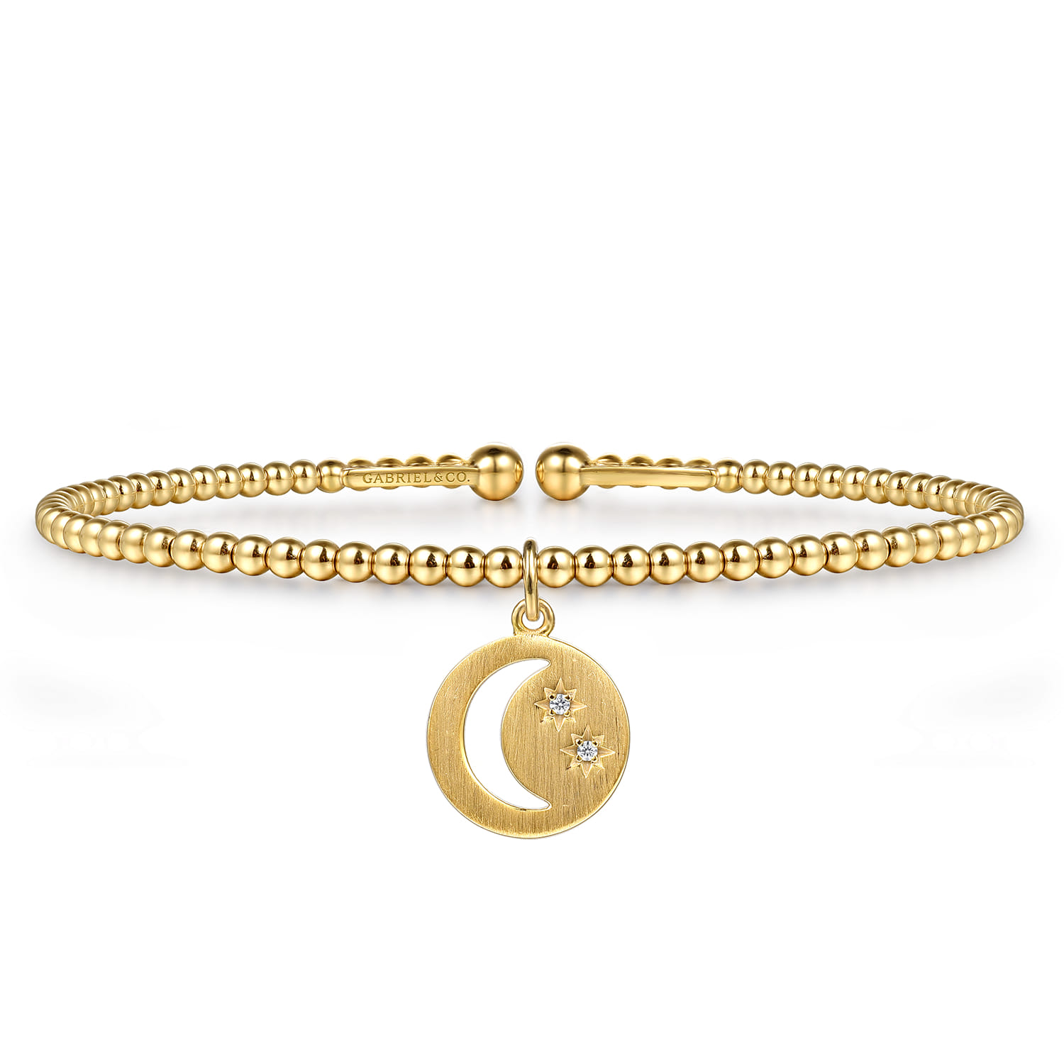 14K Yellow Gold Bujukan Beaded Moon and Diamond Star Cuff Bangle Bracelet - 0.01 ct - Shot 1