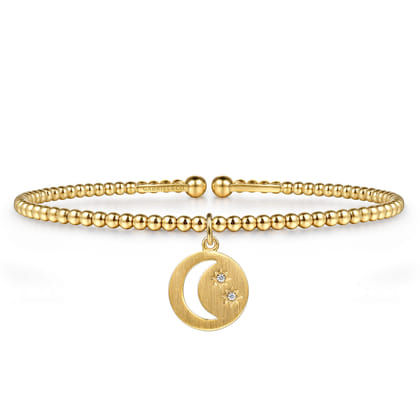 14K Yellow Gold Bujukan Beaded Moon and Diamond Star Cuff Bangle Bracelet