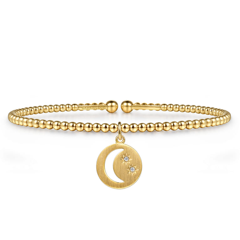 14K Yellow Gold Bujukan Beaded Moon and Diamond Star Cuff Bangle Bracelet - 0.01 ct - Shot 1