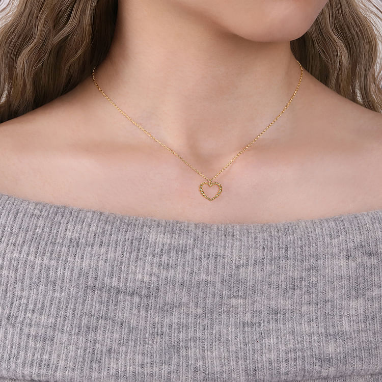 14K Yellow Gold Bujukan Beaded Open Heart Pendant Necklace
